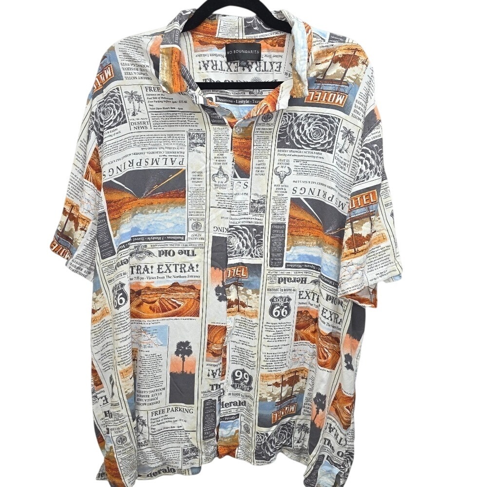 No Boundaries Mens 3XL Newspaper Print Shirt Desert Palm Springs Rayon Button Up